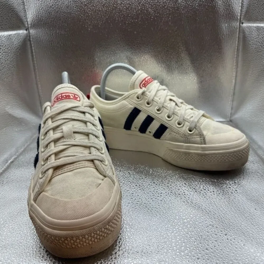 adidas Women's Cream Platform Sneakers with Navy Stripes and Red Logo